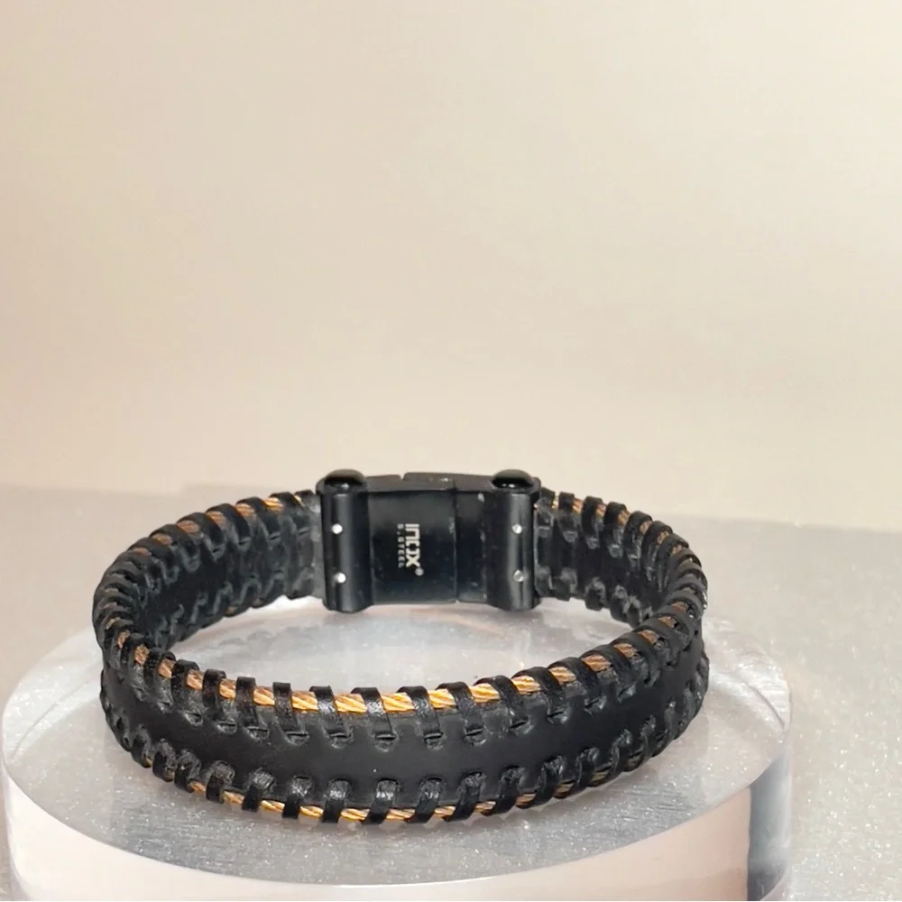 INOX Black Leather & Woven Gold Stainless Steel Cable Bracelet w/Magnetic Clasp